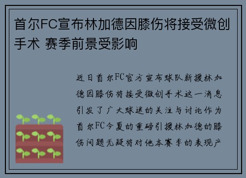 首尔FC宣布林加德因膝伤将接受微创手术 赛季前景受影响